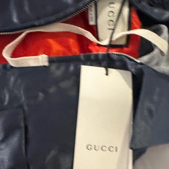 Gucci Dark Blue Satin Jacket with Light Gray Hood